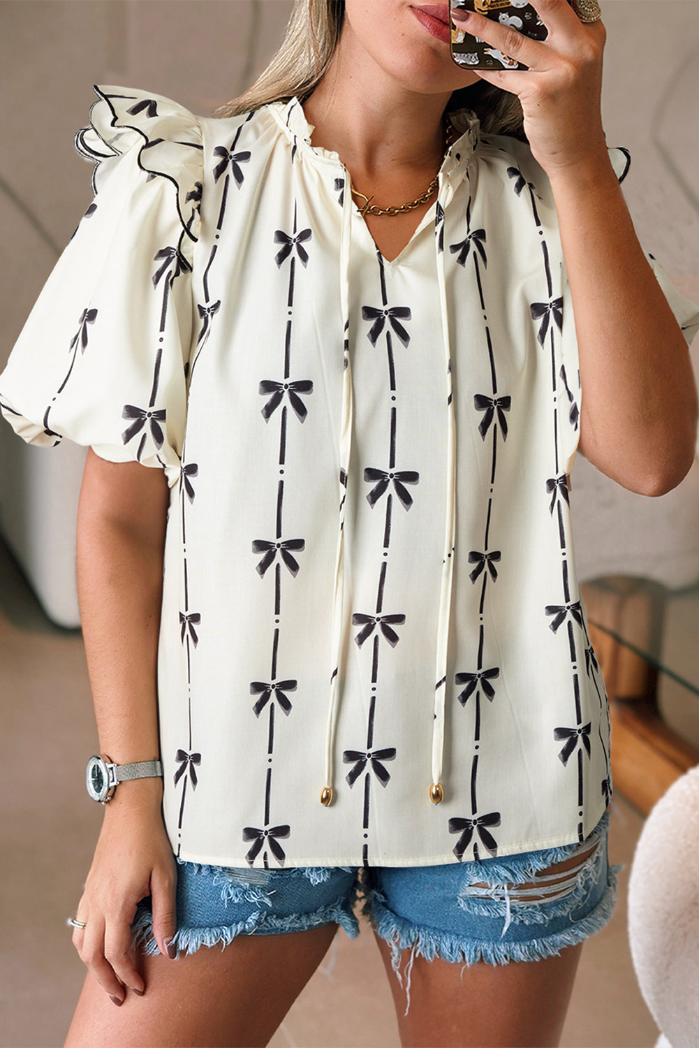 Beige Bow Printed Ruffled Bubble Sleeve Tied Notched V Neck Blouse-Chaelisa's New Jammies