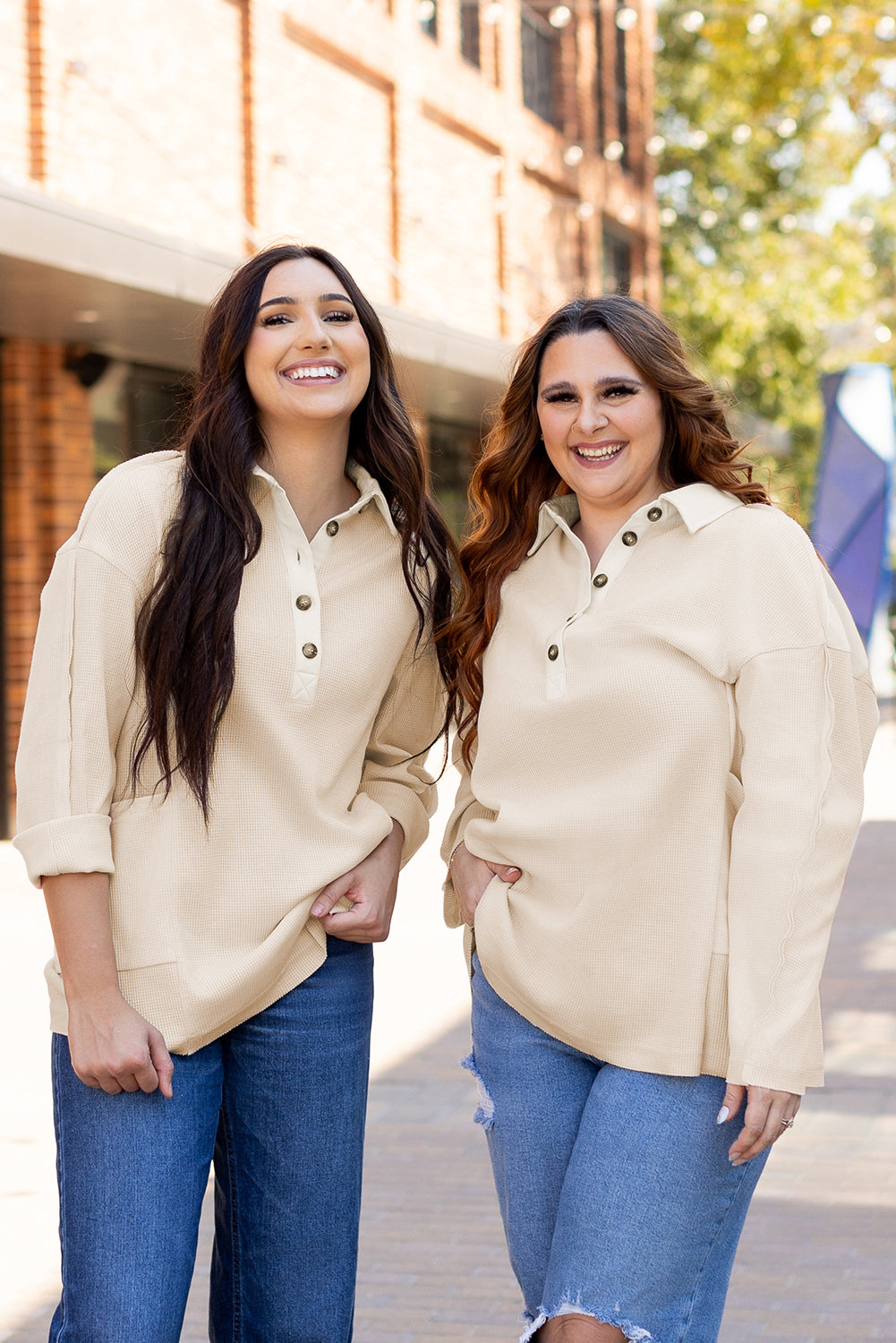 Jet Stream Waffle Long Sleeve Collar Half Button Loose Top-Chaelisa's New Jammies