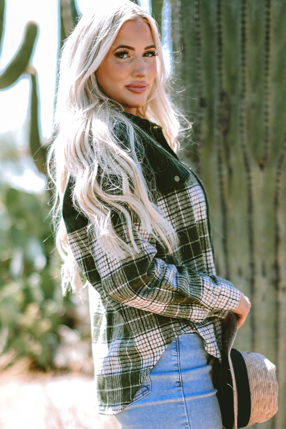 Blackish Green Snap Buttons Colorblock Plaid Shacket-Chaelisa's New Jammies