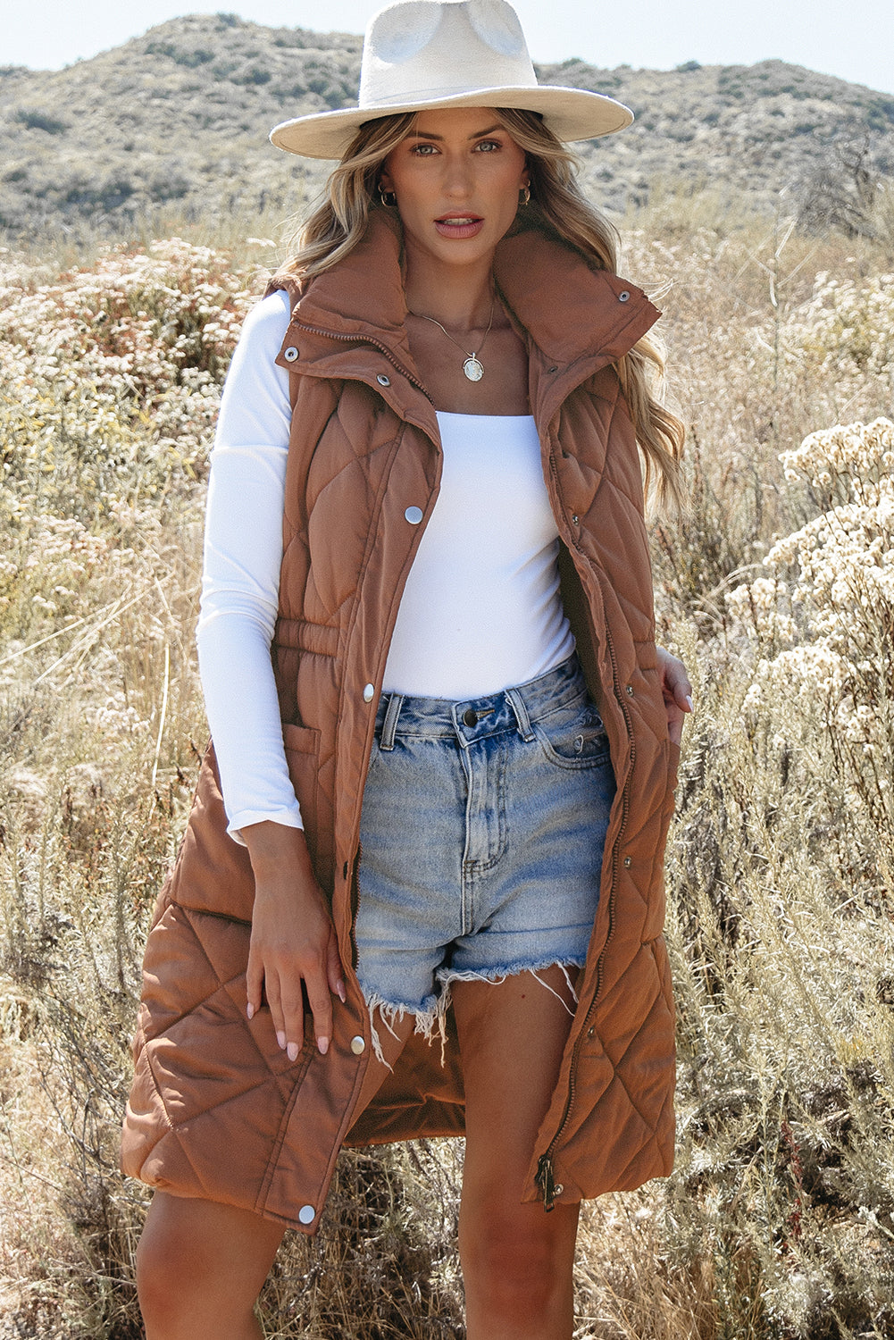 Coffee Longline Quilted Stand Collar Puffer Vest-Chaelisa's New Jammies