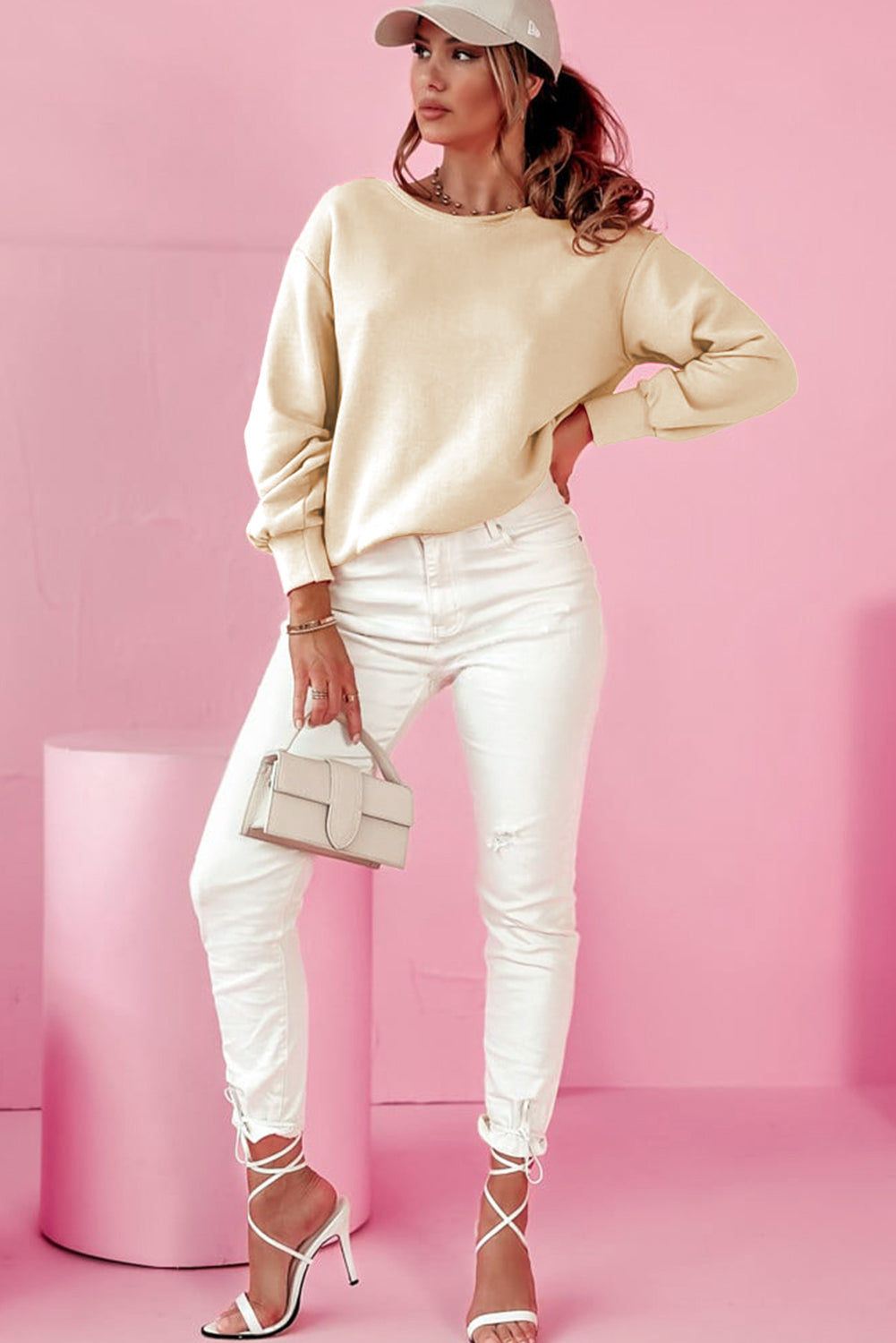 Apricot Bowknot Dewback Round Neck Sweatshirt-Chaelisa's New Jammies