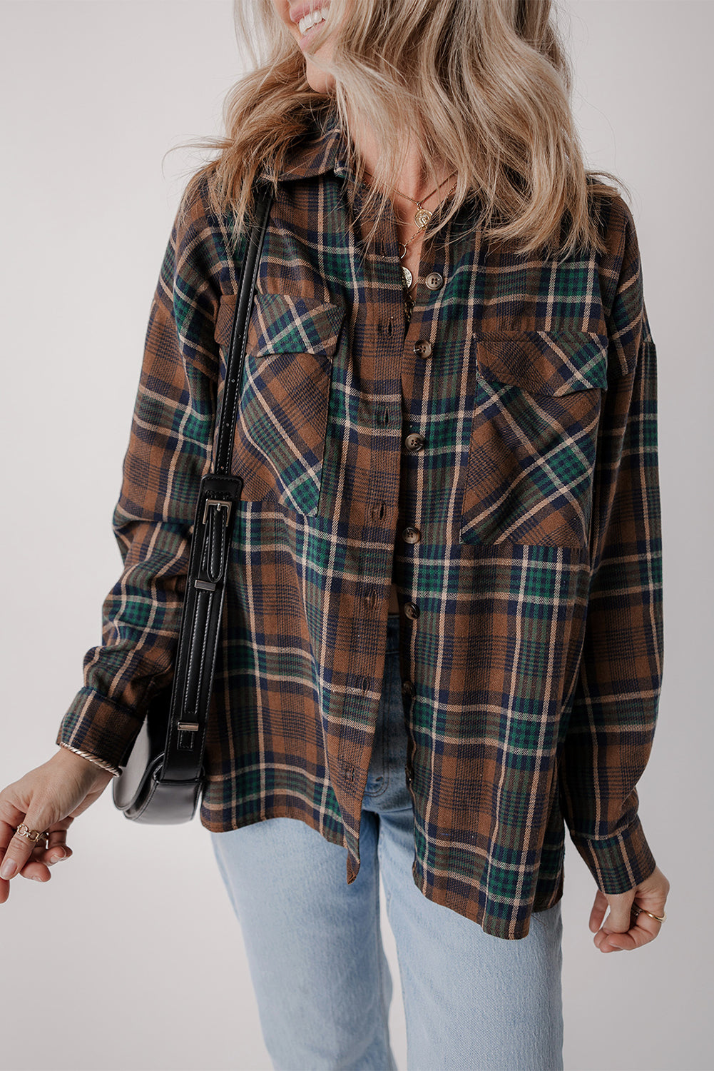 Brown Plaid Print Chest Pockets Buttoned Shirt Jacket-Chaelisa's New Jammies