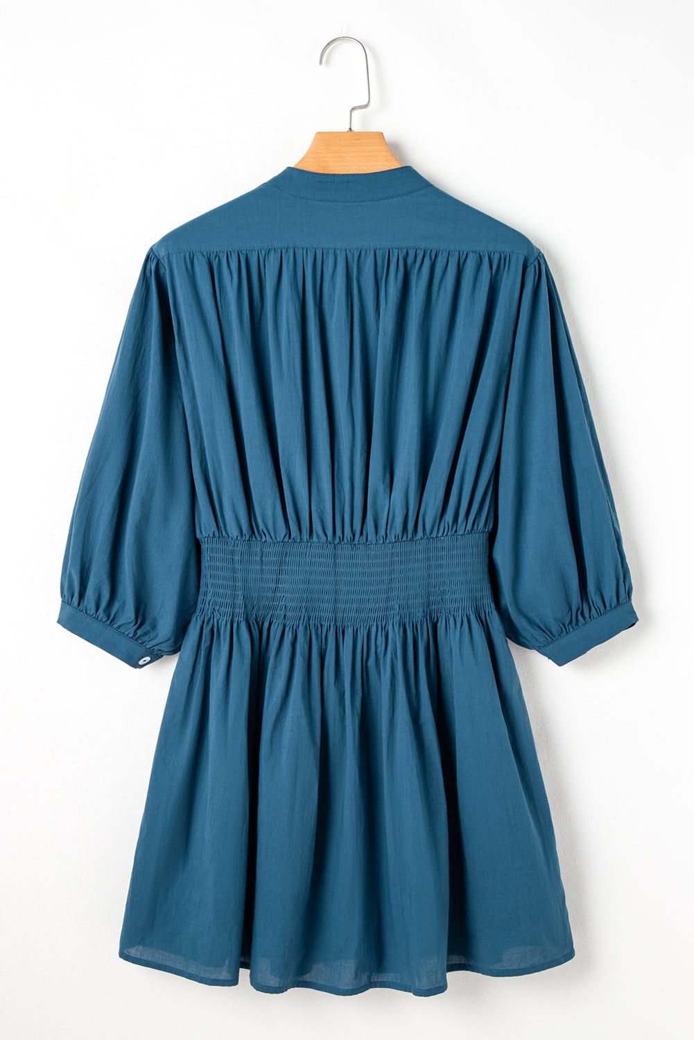 Prussian Blue 3/4 Sleeve Shirred High Waist Buttoned Mini Dress-Chaelisa's New Jammies