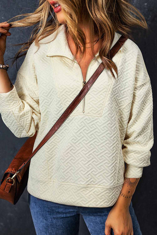 Beige Solid Textured Half Zipper Collared Sweatshirt-Chaelisa's New Jammies