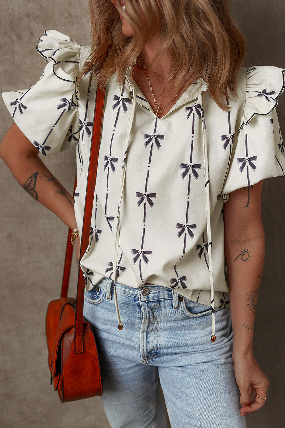 Beige Bow Printed Ruffled Bubble Sleeve Tied Notched V Neck Blouse-Chaelisa's New Jammies
