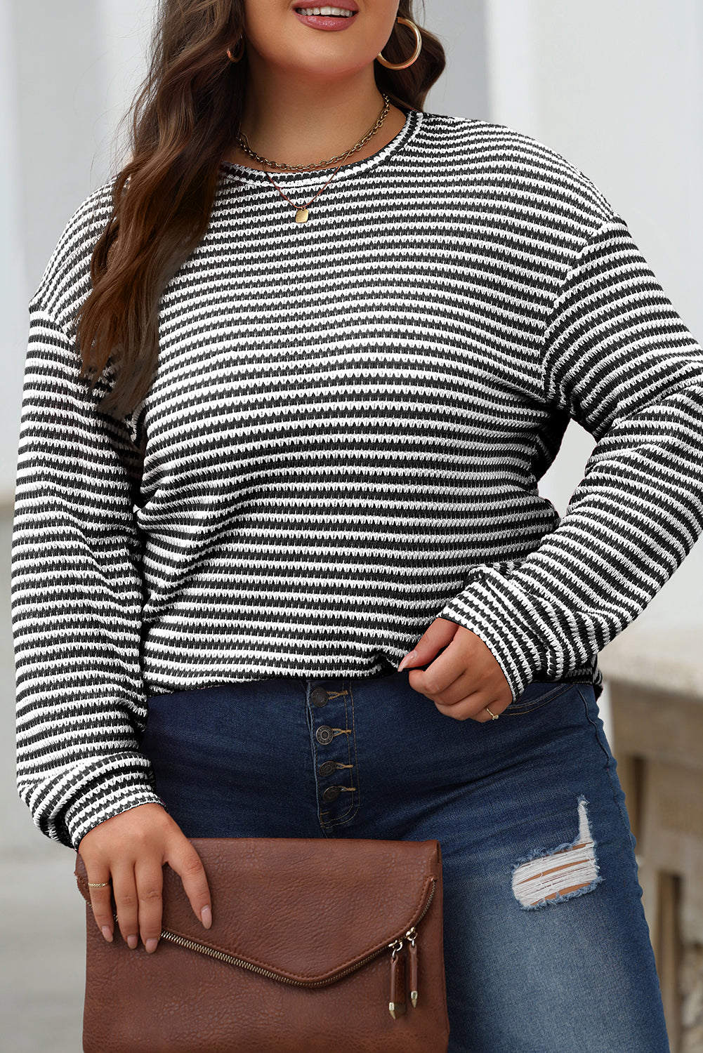 Black Stripe Round Neck Drop Shoulder Long Sleeve Top-Chaelisa's New Jammies