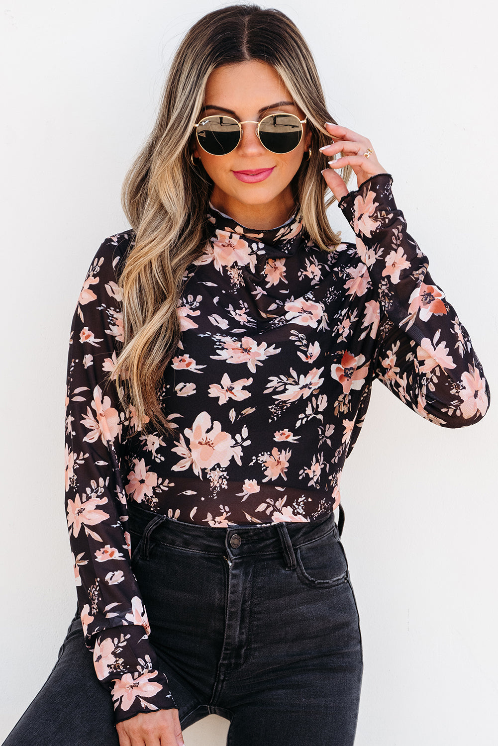 Black Floral Mesh Mock Neck Long Sleeve Slim Fit Top-Chaelisa's New Jammies