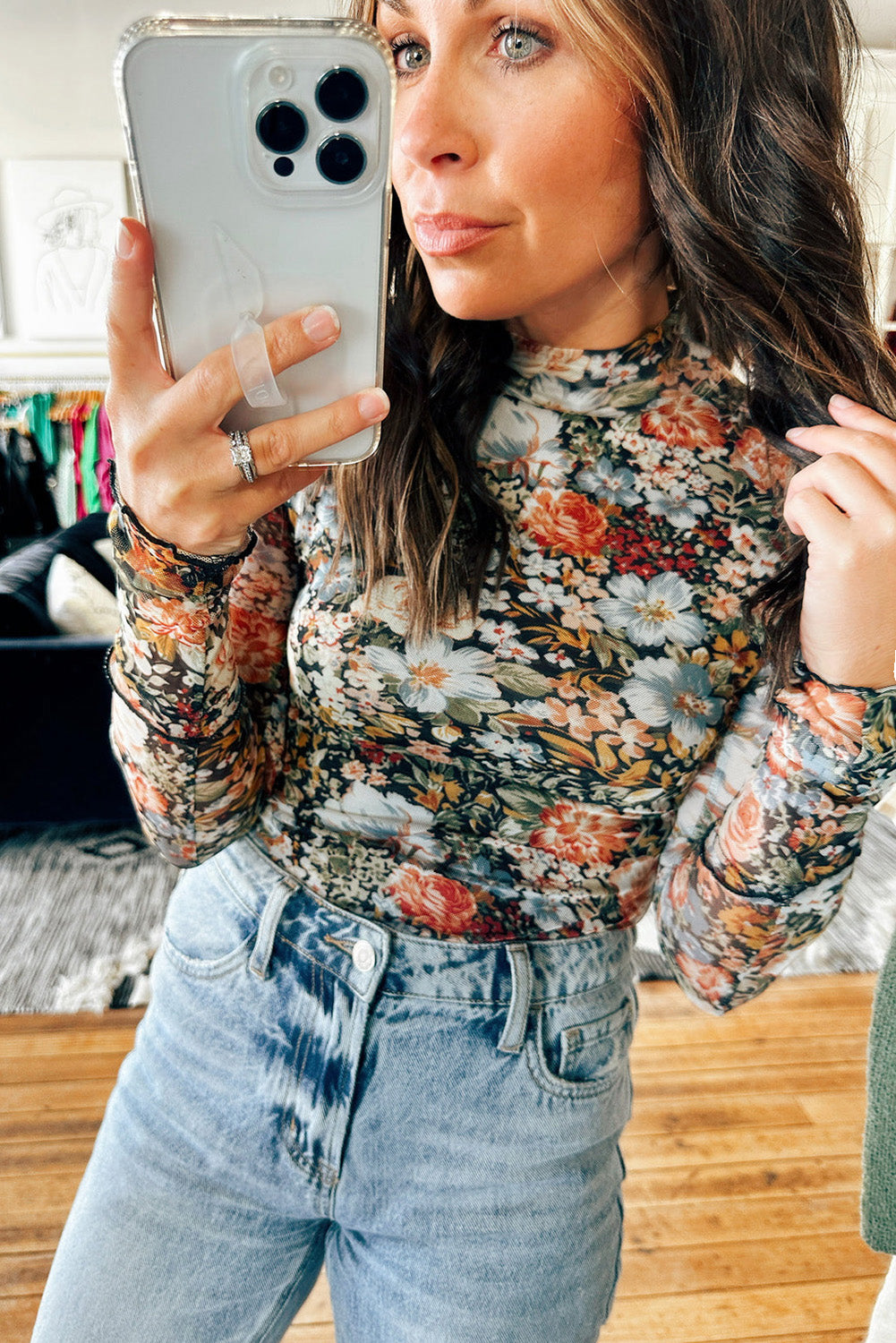 Brown Floral Long Sleeve High Neck Sheath Mesh Blouse-Chaelisa's New Jammies