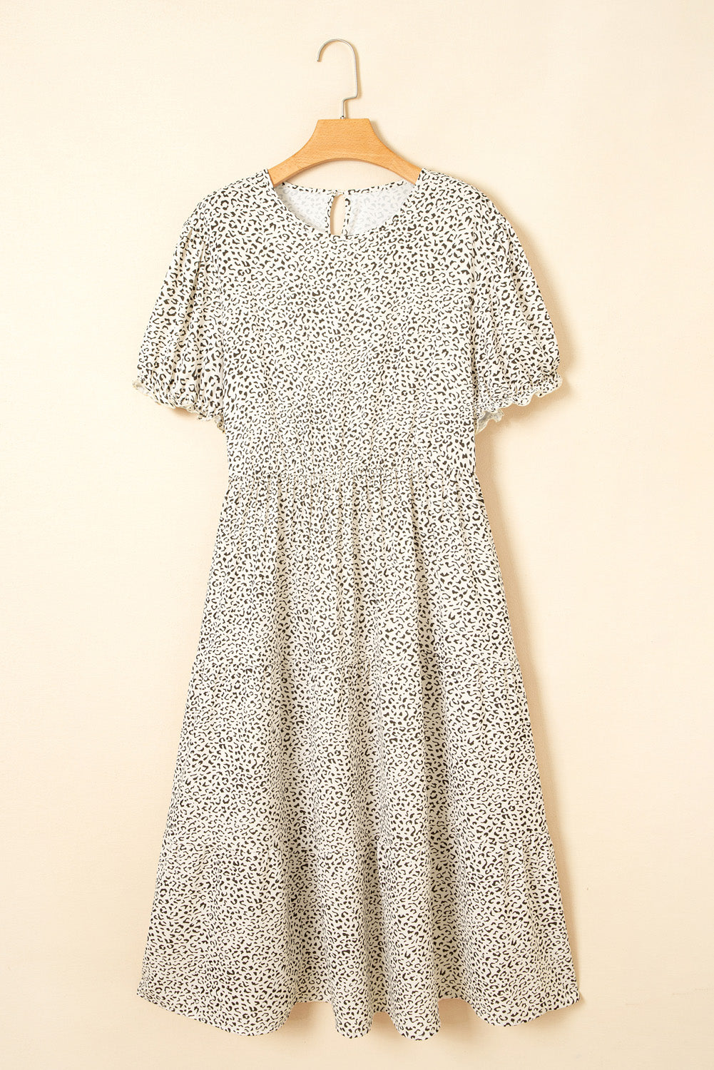Beige Plus Size Leopard Print Frill Trim Short Sleeve Flared Dress-Chaelisa's New Jammies