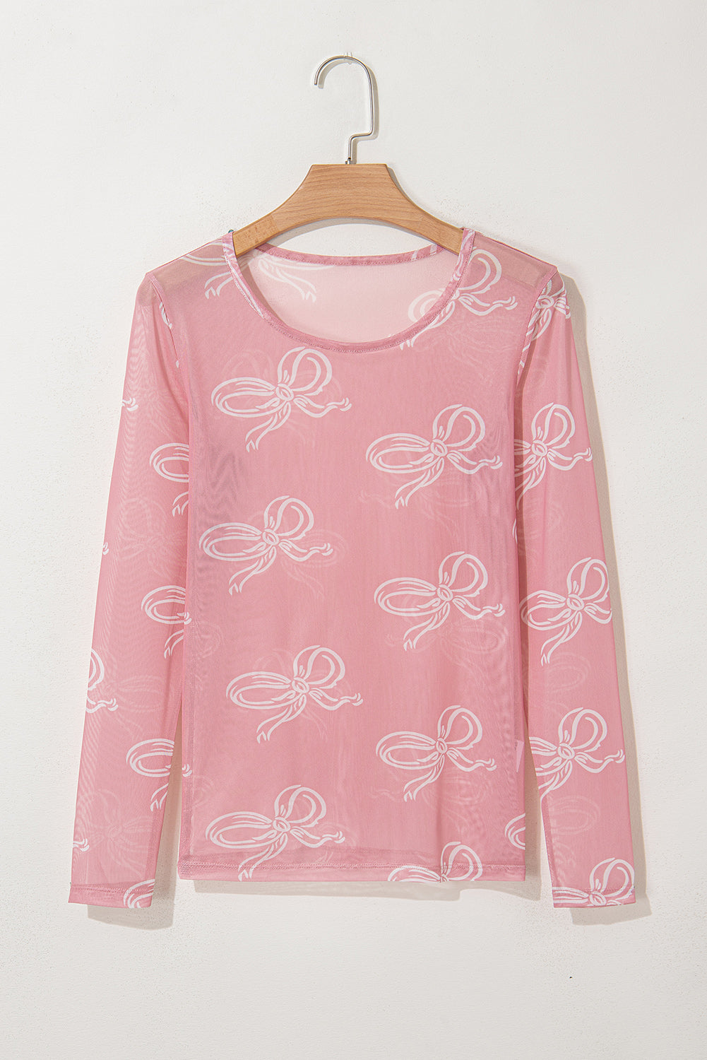 Pink Round Neck Bow Print Long Sleeve Mesh Top-Chaelisa's New Jammies