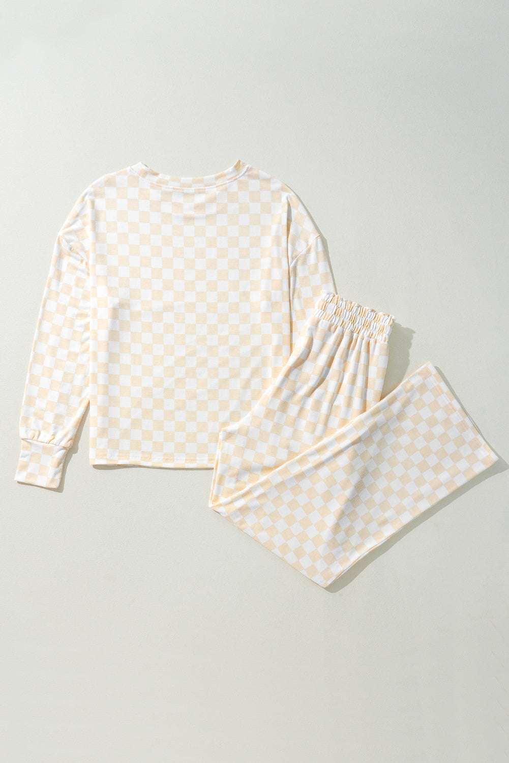 Beige Checkered Print Long Sleeve Top and Pants Lounge Set-Chaelisa's New Jammies
