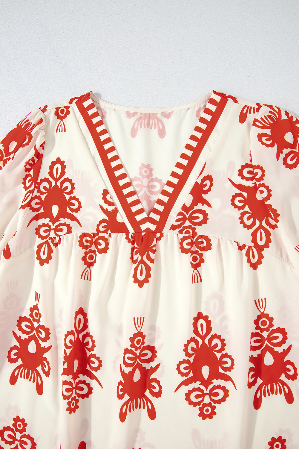 Orange Vintage Geometric Printed 3/4 Sleeve V Neck Blouse-Chaelisa's New Jammies