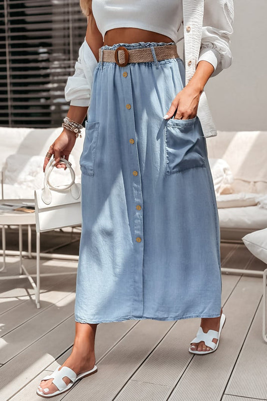 Beau Blue Buttoned Front High Waist Side Pockets Denim Maxi Skirt-Chaelisa's New Jammies