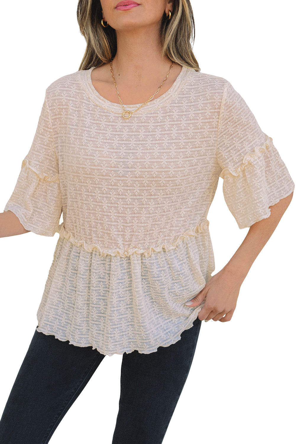 Beige Solid Color Textured Ruffled Short Sleeve Blouse-Chaelisa's New Jammies