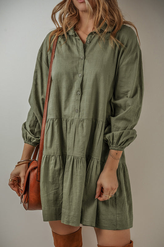 Jungle Green Puff Sleeve Buttoned Tiered Pleated Shirt Mini Dress-Chaelisa's New Jammies