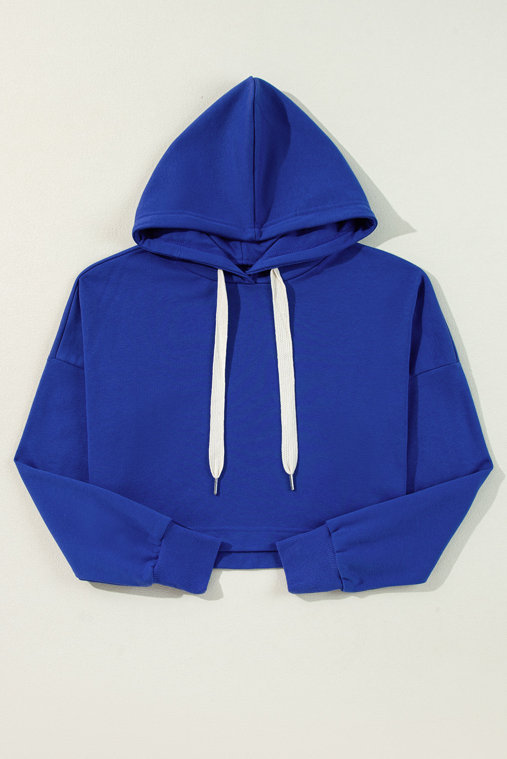 Dark Blue Solid Drop Shoulder Drawstring Cropped Hoodie-Chaelisa's New Jammies