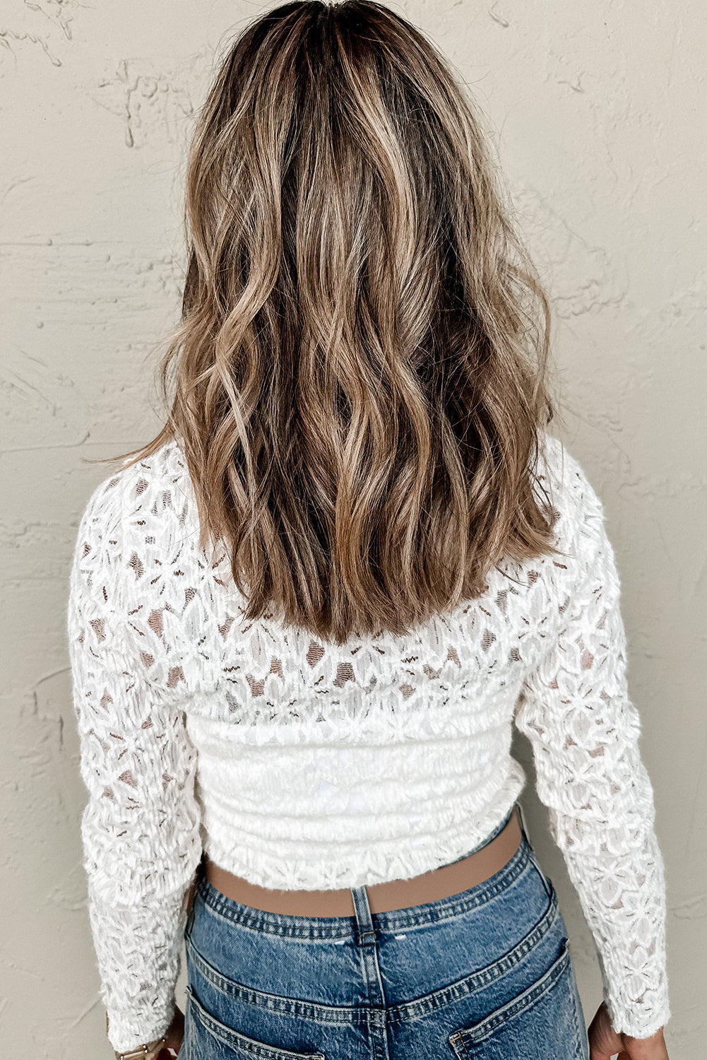 White Flower Lace Mock Neck Long Sleeve Top