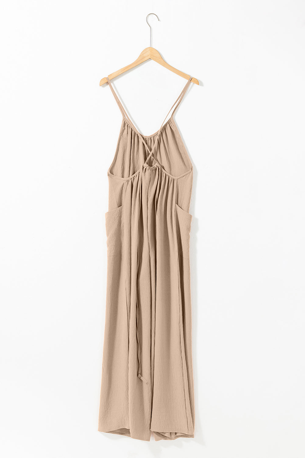 Apricot Spaghetti Straps Waist Tie Wide Leg Jumpsuit with Pockets-Chaelisa's New Jammies