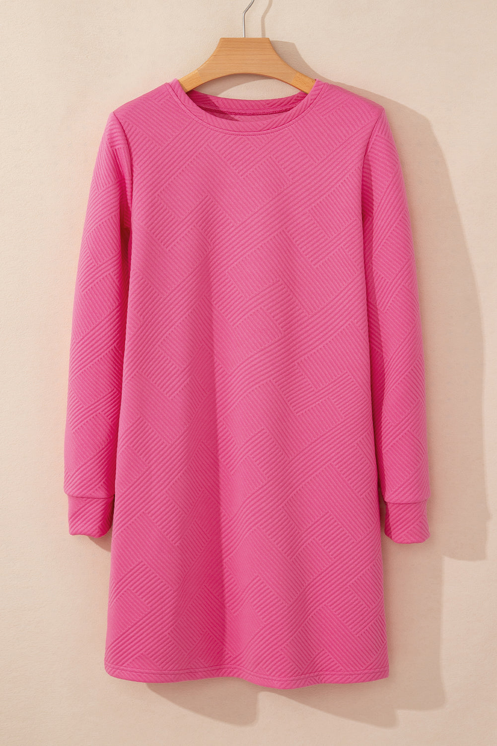 Rose Red Solid Color Textured Long Sleeve Shift Dress-Chaelisa's New Jammies