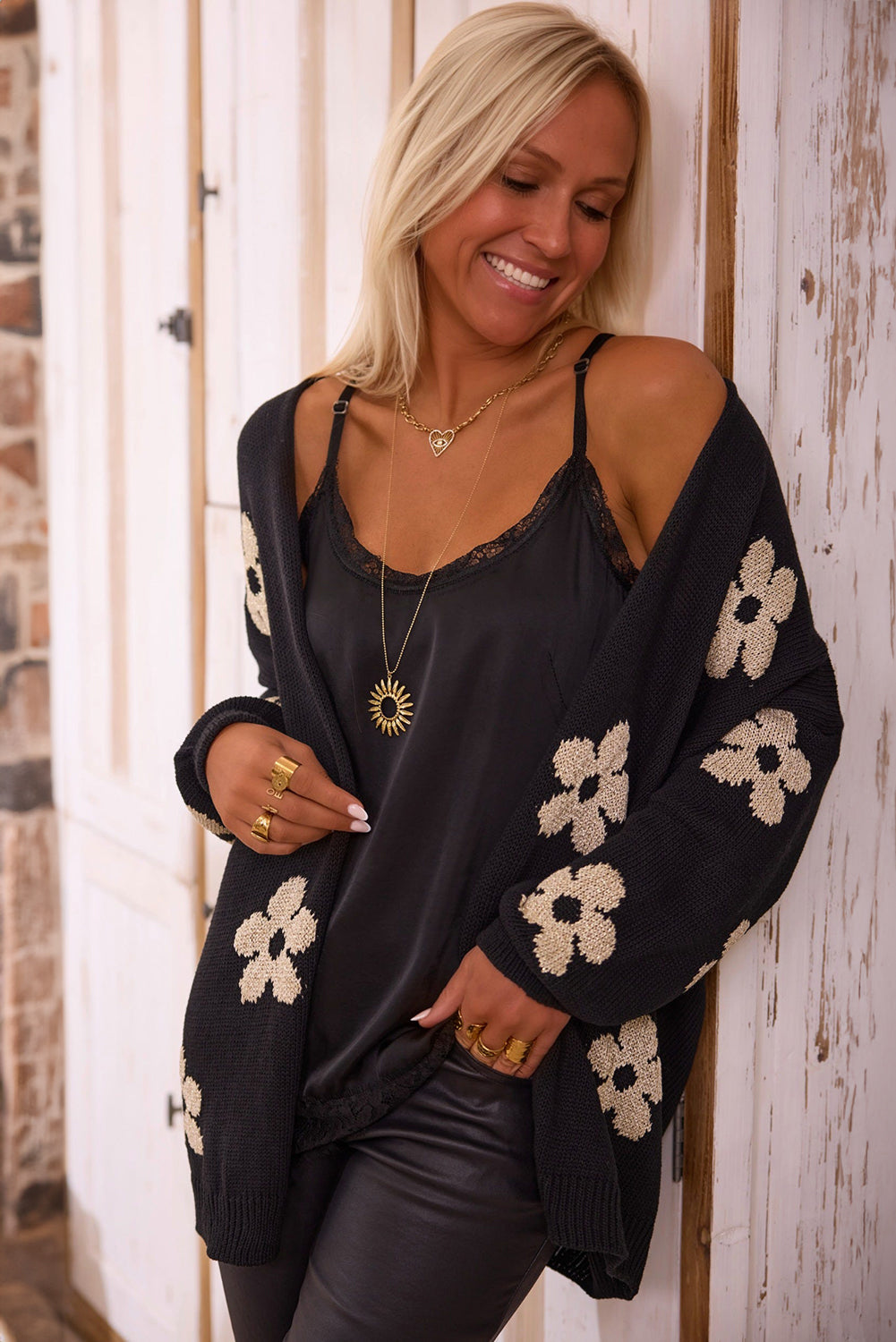 Black Floral Print Knitted Open Front Loose Cardigan-Chaelisa's New Jammies