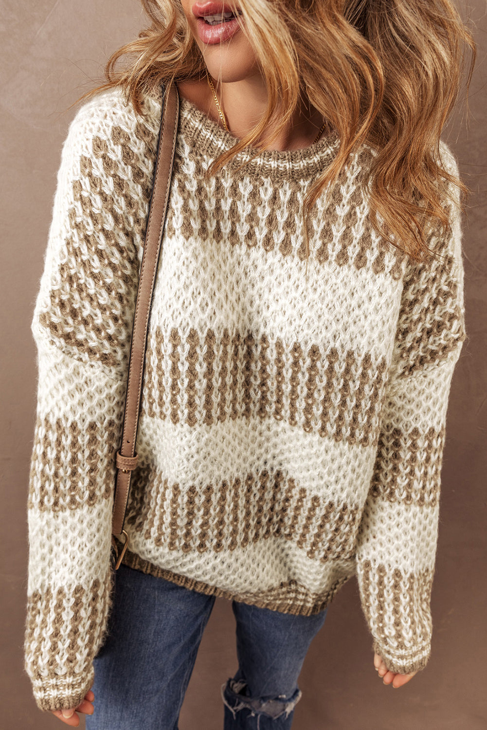 Brown Stripe Drop Shoulder Round Neck Loose Sweater-Chaelisa's New Jammies