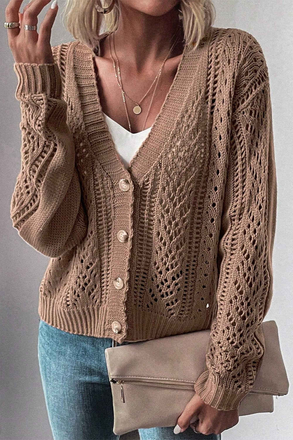 Openwork Button Up Long Sleeve Cardigan-Chaelisa's New Jammies