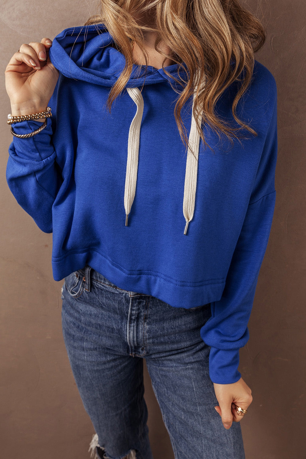 Dark Blue Solid Drop Shoulder Drawstring Cropped Hoodie-Chaelisa's New Jammies