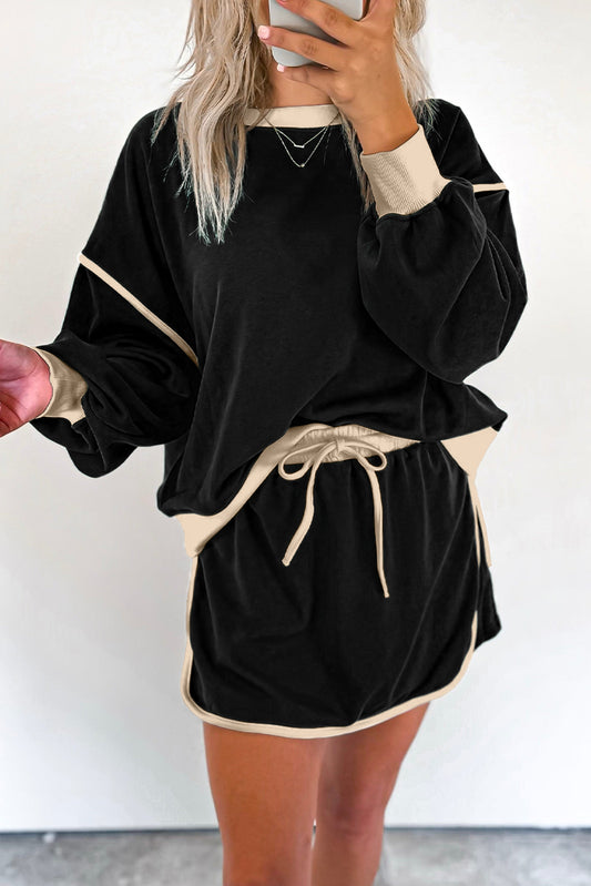Black Color Contrast Loose Pullover and Lace-up Waist Skort Set-Chaelisa's New Jammies