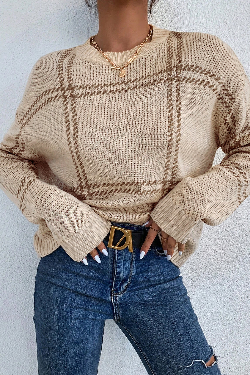 Khaki Plaid Pattern Knitted Drop Shoulder Sweater-Chaelisa's New Jammies