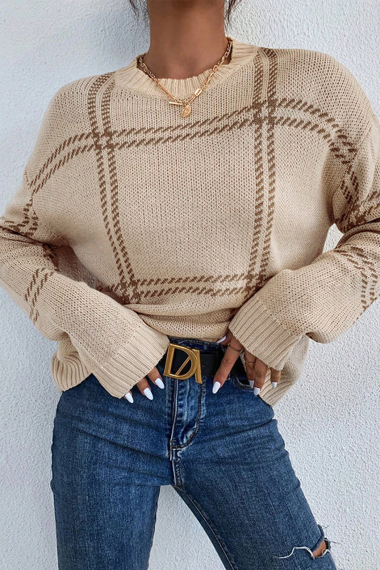 Khaki Plaid Pattern Knitted Drop Shoulder Sweater-Chaelisa's New Jammies