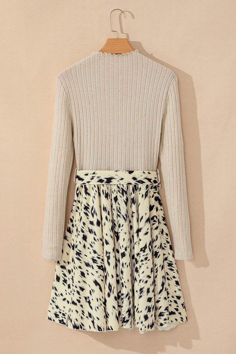 Beige Ribbed Knit Patchwork Printed Belted A-line Dress-Chaelisa's New Jammies