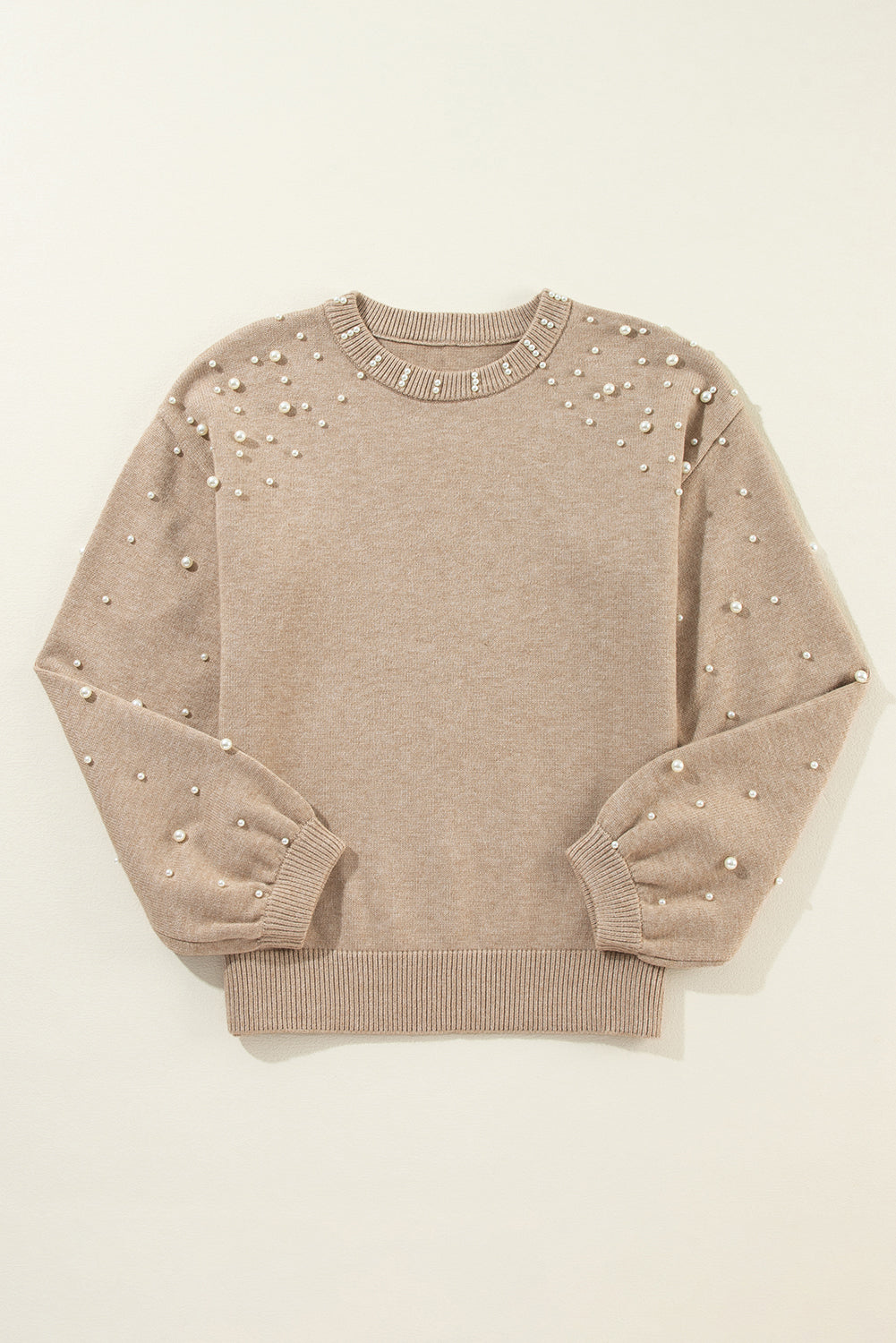 Smoke Gray Pearled Drop Shoulder Round Neck Sweater-Chaelisa's New Jammies