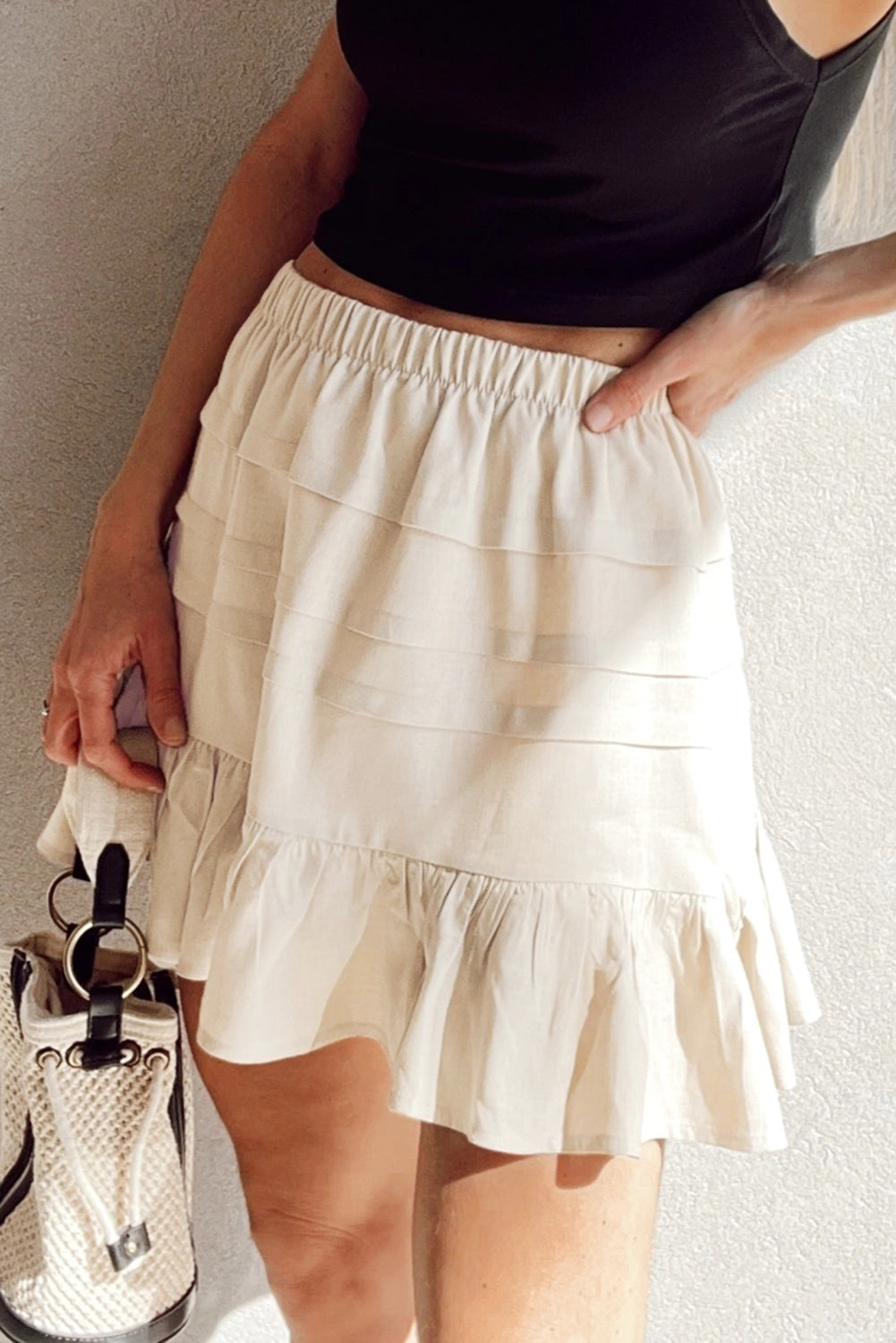 Beige Tiered Ruffled Hemline Elastic Waist Mini Skirt-Chaelisa's New Jammies
