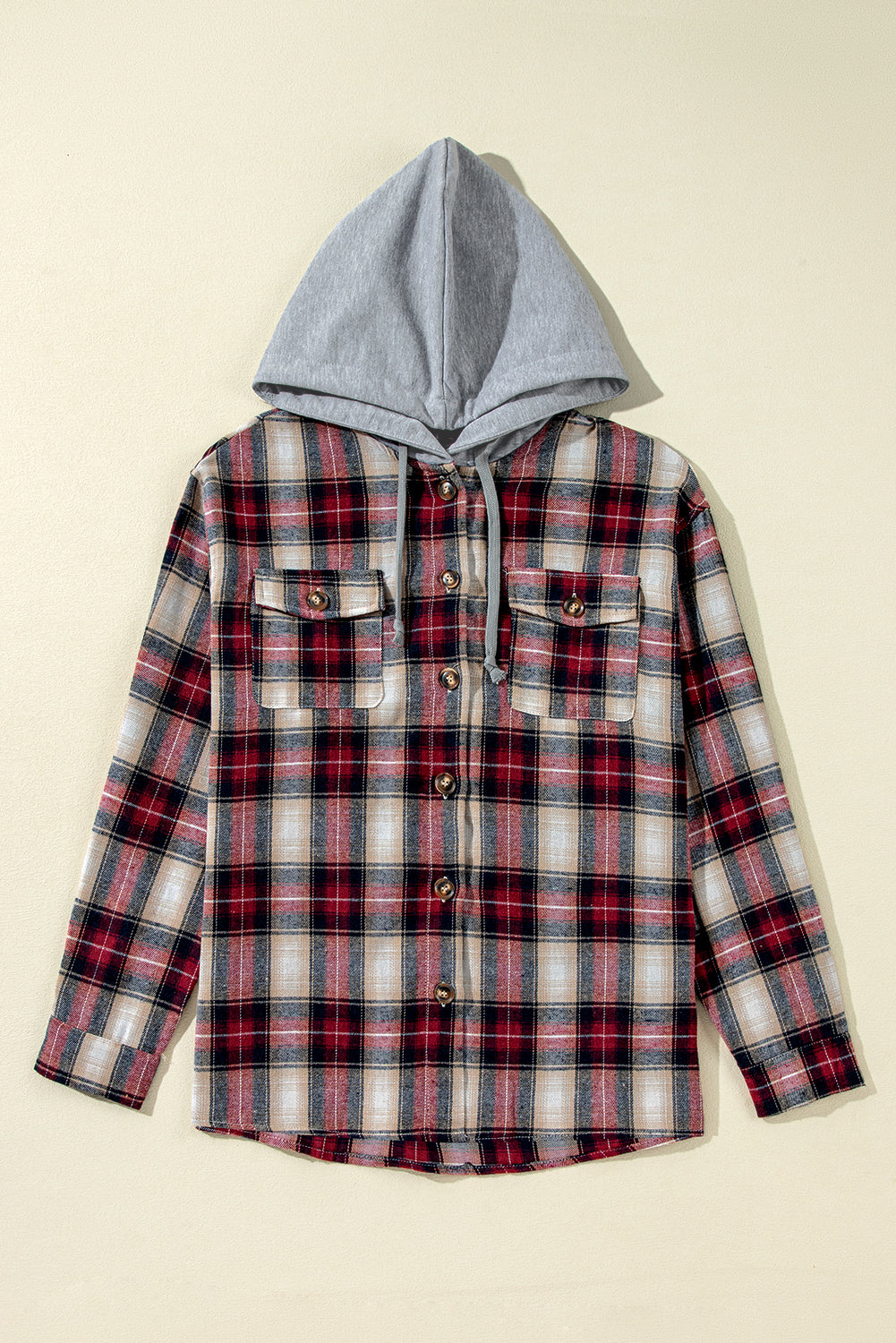 Red Plaid Print Chest Pocket Buttoned Hooded Shacket-Chaelisa's New Jammies