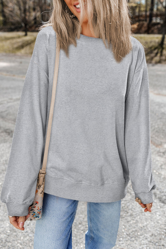 Light Grey Plain Drop Shoulder Crewneck Pullover Sweatshirt-Chaelisa's New Jammies