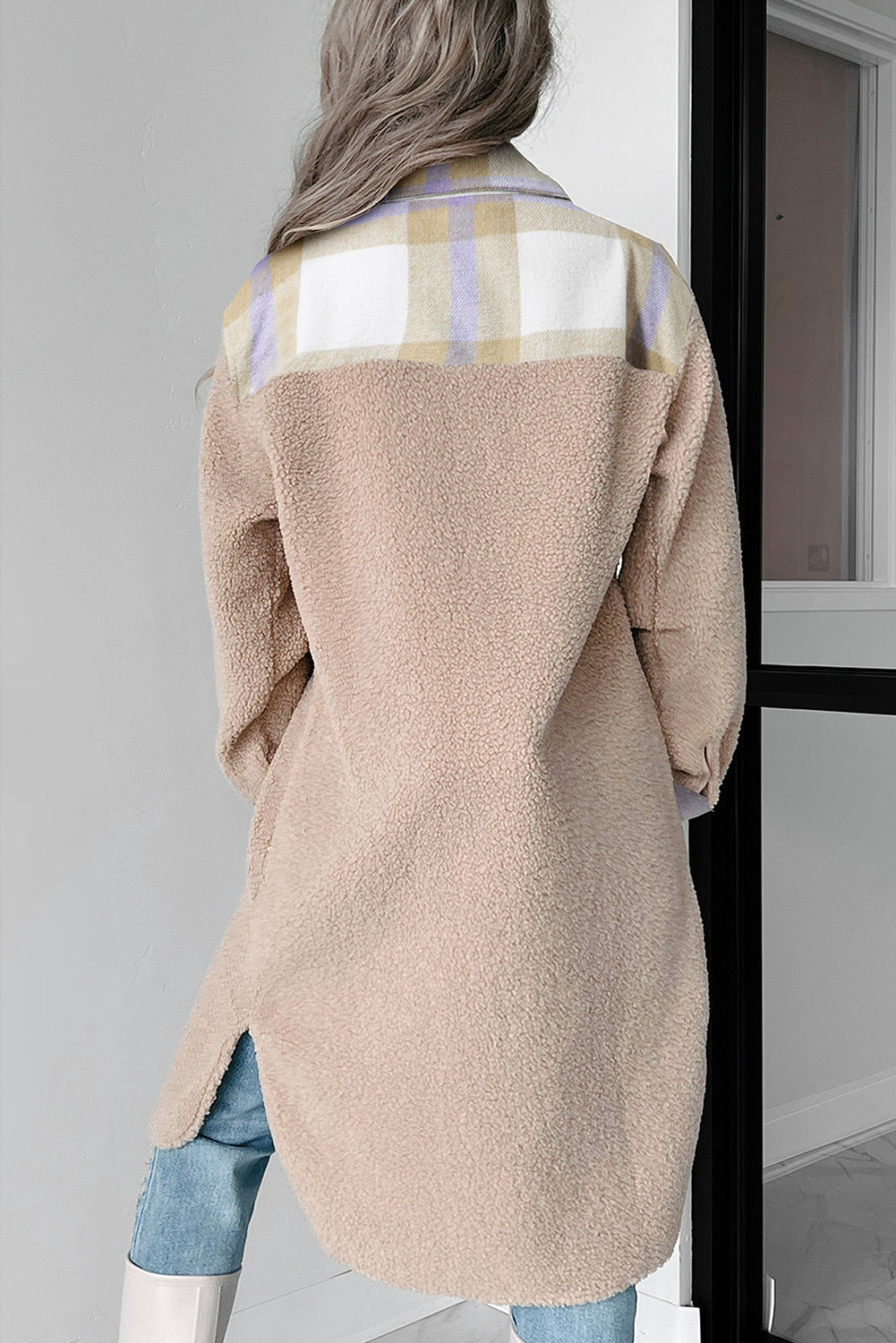 Smoke Gray Plaid Patchwork Collared Button-up Sherpa Long Coat-Chaelisa's New Jammies