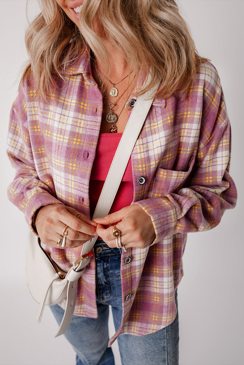 Pink Plaid Print Chest Pocket Long Sleeve Shacket-Chaelisa's New Jammies