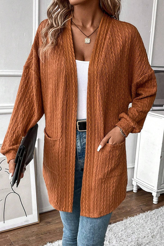Chestnut Textured Knit Side Pockets Open Front Cardigan-Chaelisa's New Jammies