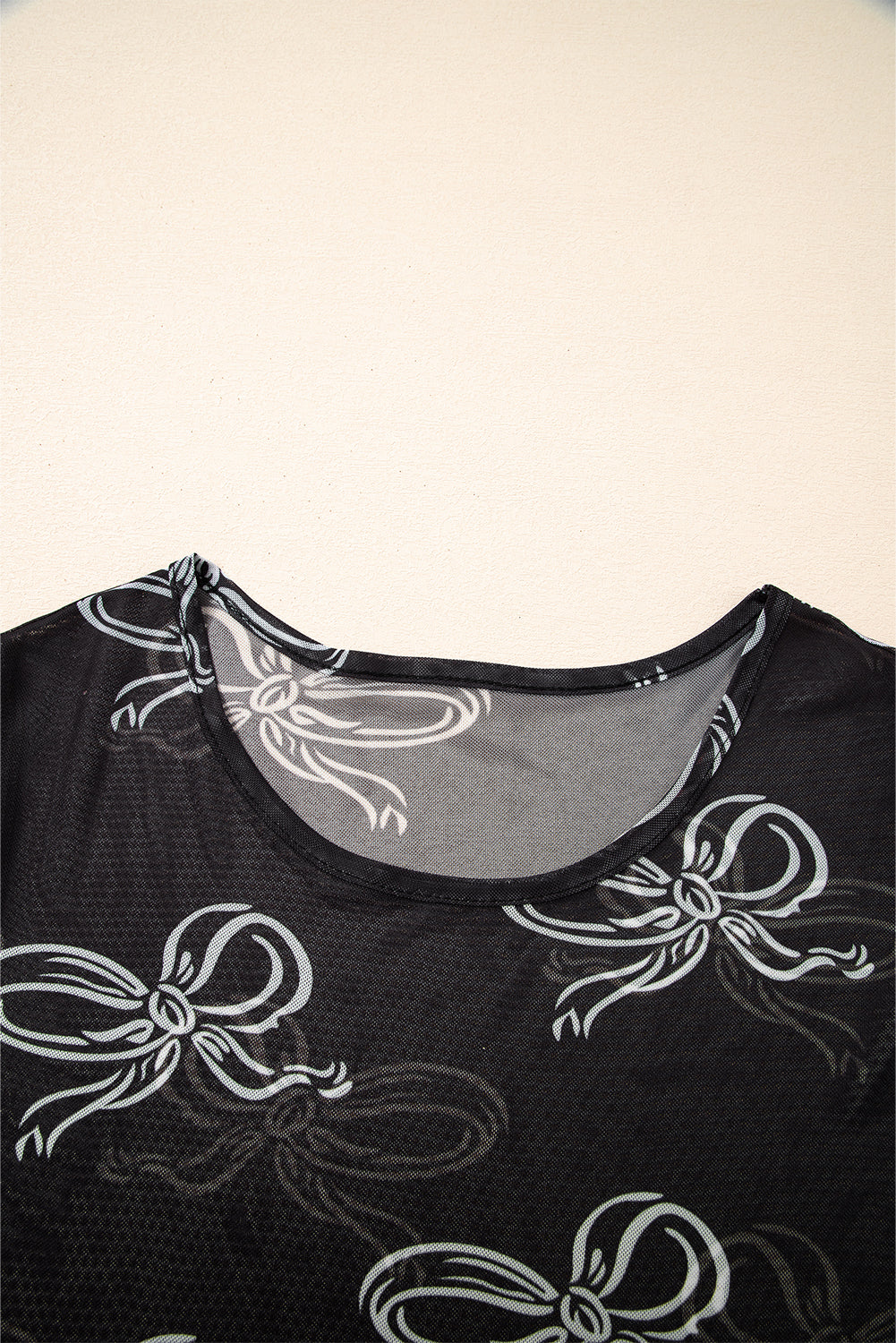 Black Bow Printed Mesh Short Sleeve Top-Chaelisa's New Jammies