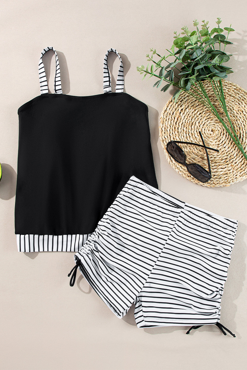 Black Striped Patchwork Side Drawstring Bottoms Tankini Set-Chaelisa's New Jammies