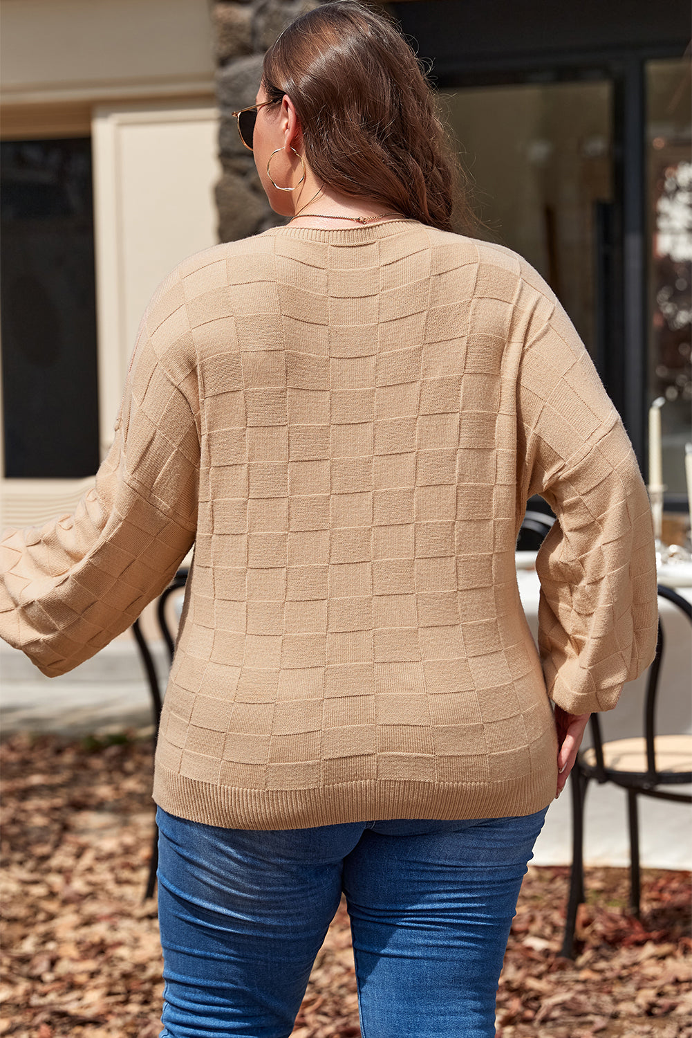 Light French Beige Solid Checkered Textured Knit Plus Size Sweater-Chaelisa's New Jammies