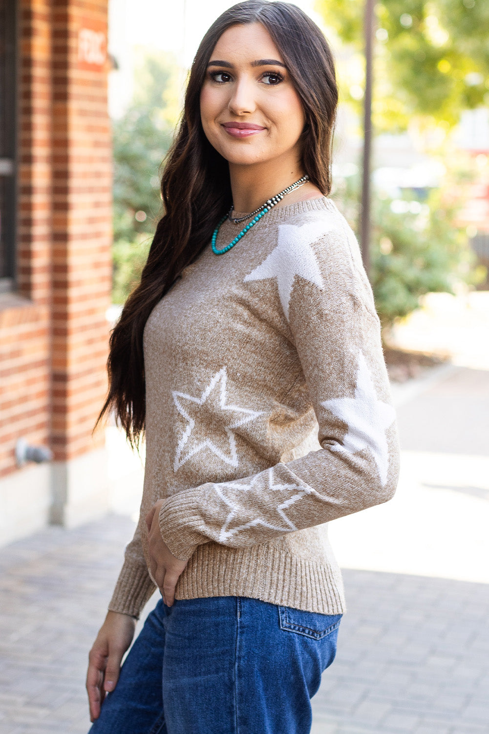 Khaki Star Pattern Drop Shoulder Sweater-Chaelisa's New Jammies