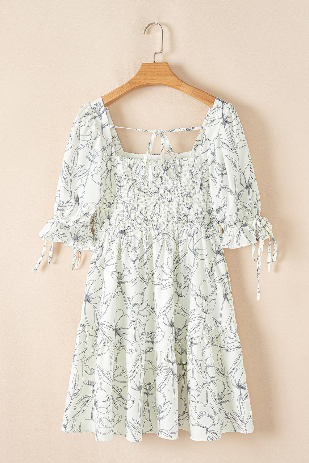 Beige Floral Print Square Neck Shirred Back Puff Sleeve Mini Dress-Chaelisa's New Jammies