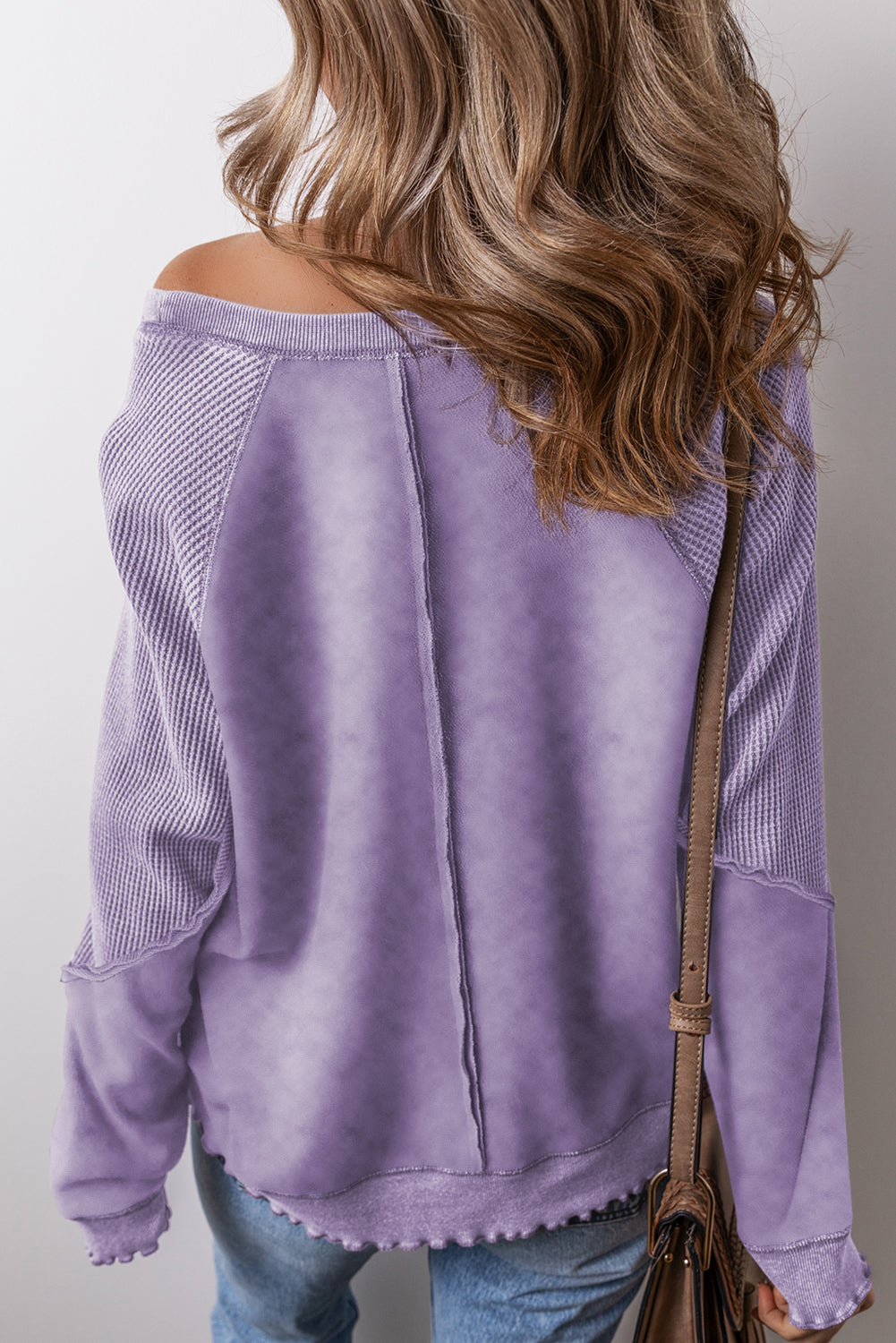 Orchid Petal Solid Waffle Knit Patchwork Raglan Sleeve Sweatshirt-Chaelisa's New Jammies