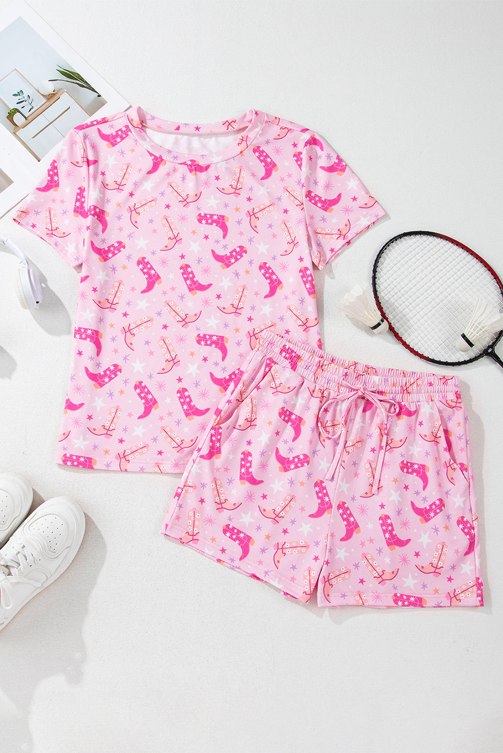 Pink Western Boots Printed Short 2pcs Lounge Set-Chaelisa's New Jammies
