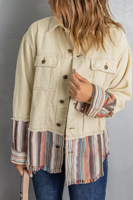 Button Up Pockets Striped Color Block Corduroy Jacket-Chaelisa's New Jammies