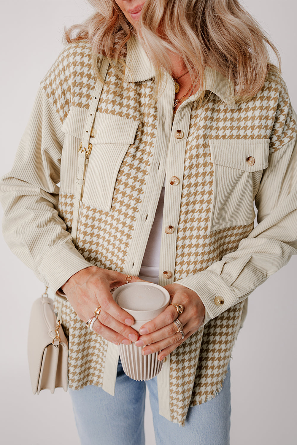 Parchment Houndstooth Corduroy Patchwork Flap Pocket Shacket-Chaelisa's New Jammies