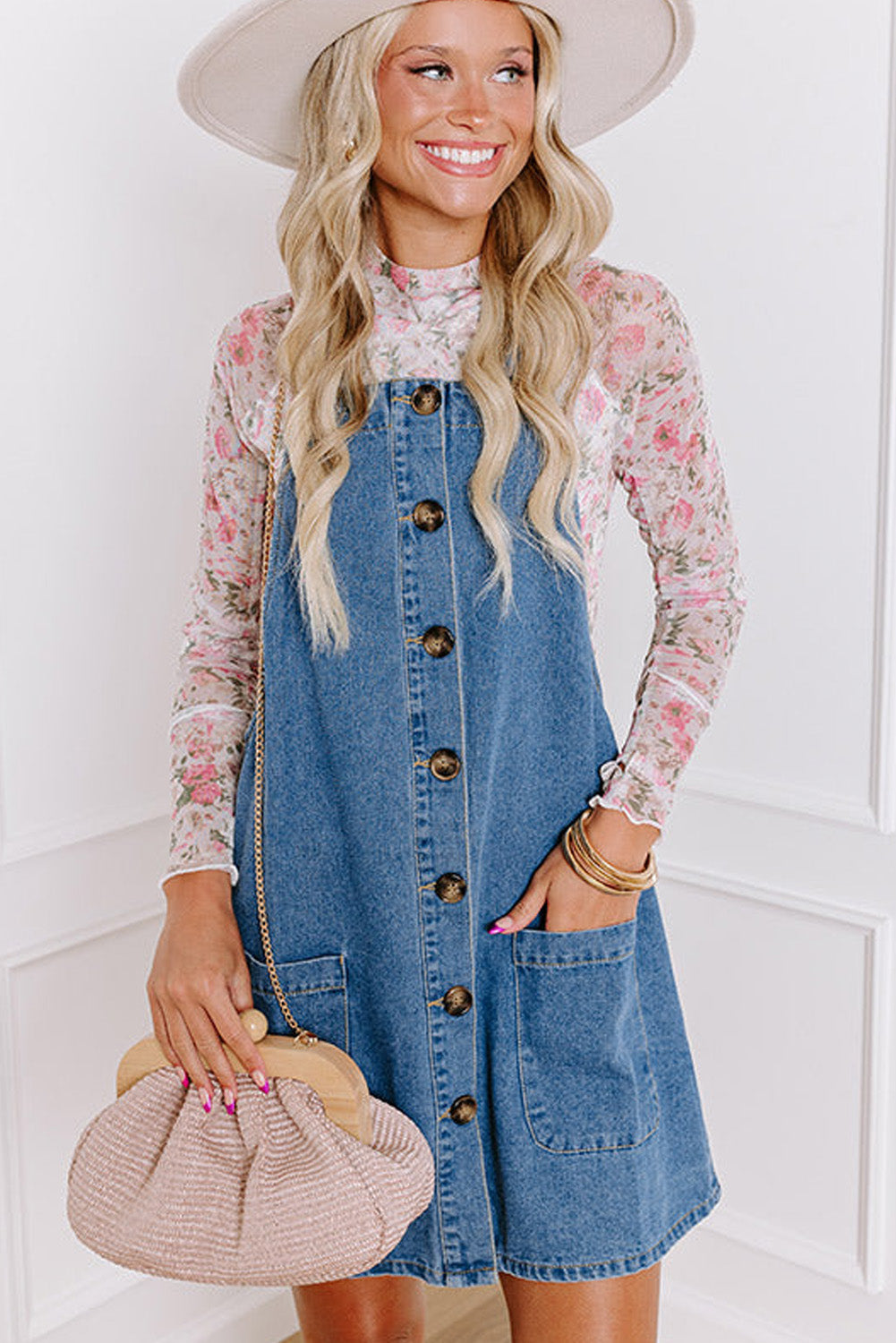 Dusk Blue Wide Strap Button Front Pocketed Denim Mini Dress-Chaelisa's New Jammies