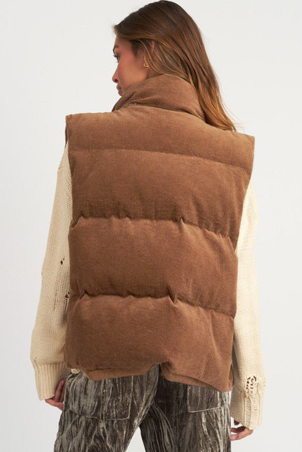 Coffee Corduroy Stand Neck Zipped Puffer Vest-Chaelisa's New Jammies