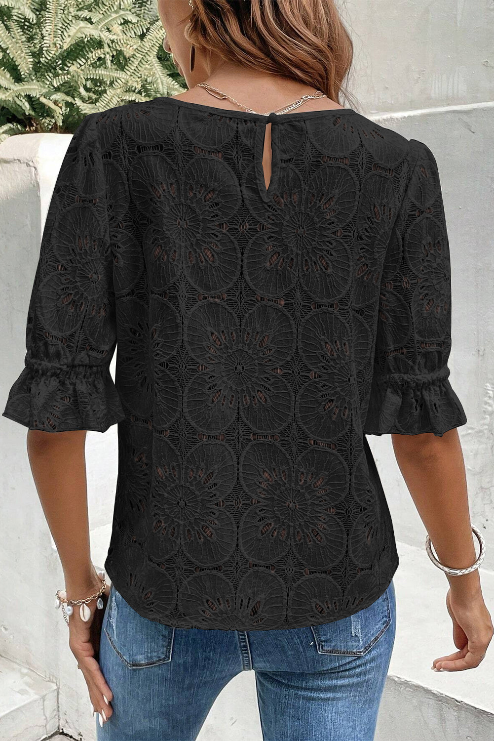 Black Flower Eyelet Jacquard Keyhole Flounce Sleeve Top-Chaelisa's New Jammies